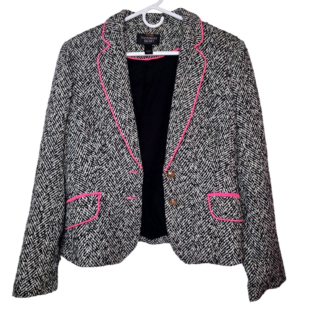 Victoria's Secret Herringbone Blazer Pink Piping Wool Blend Tweed Jacket Size 12